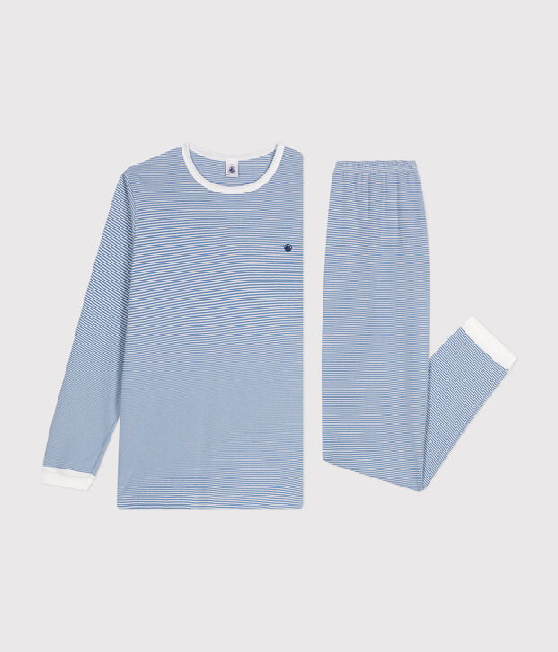 Pyjama en coton ray&eacute; junior bleu/blanc