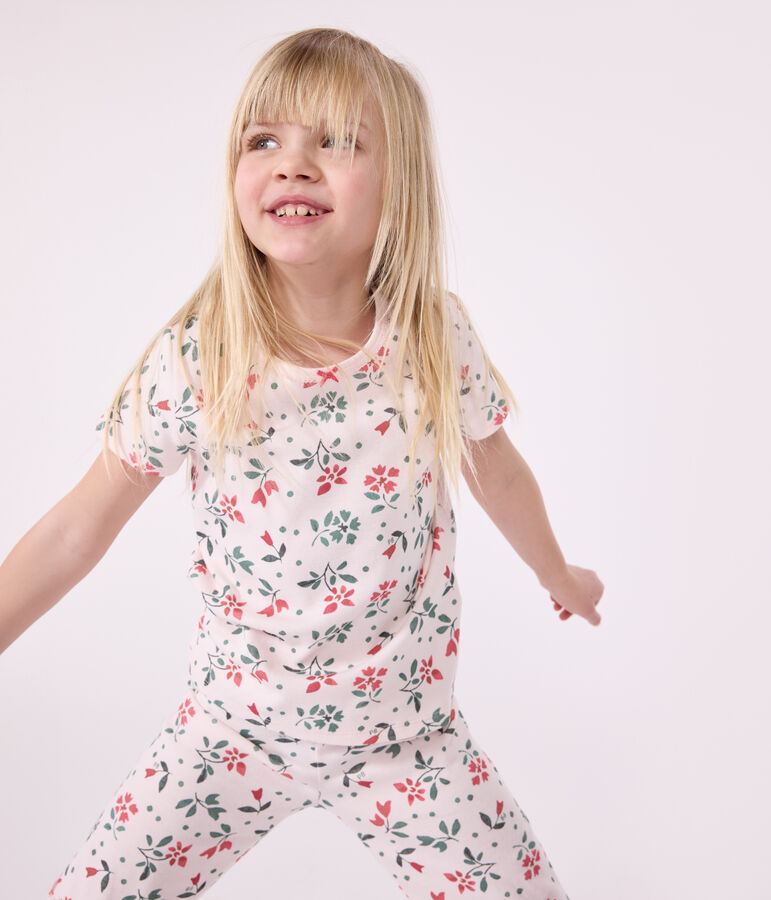 Pyjama capri enfant en coton imprim&eacute; fleuri rose FLEUR/blanc MULTICO