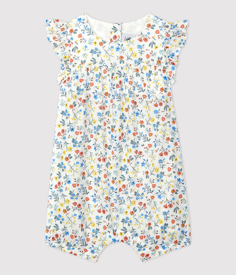 Combinaison courte imprim&eacute; fleuri en popeline b&eacute;b&eacute; blanc MARSHMALLOW/blanc MULTICO