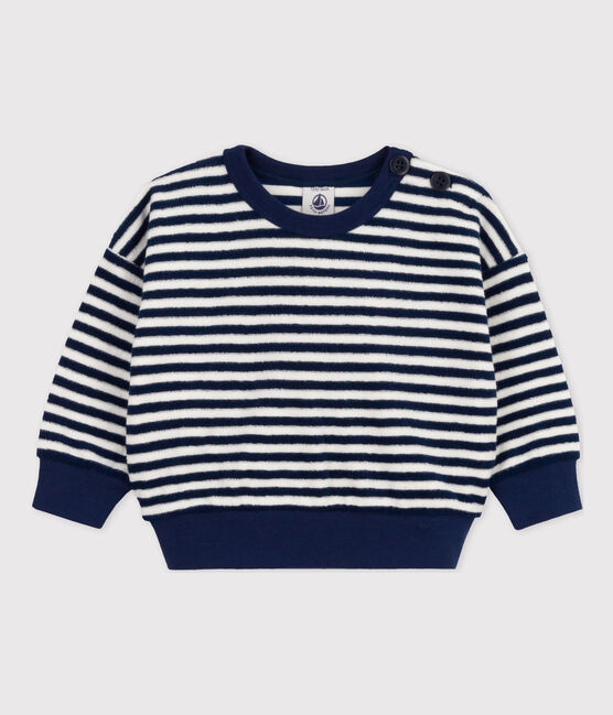 Sweatshirt bébé en bouclette éponge rayée bleu MEDIEVAL/blanc MARSHMALLOW