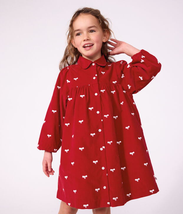Robe enfant en velours manches longue imprim&eacute;e n&oelig;uds rouge/&eacute;cru