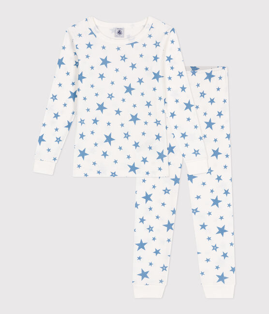 Pyjama très ajusté enfant en coton imprimé  blanc MARSHMALLOW/bleu ALASKA