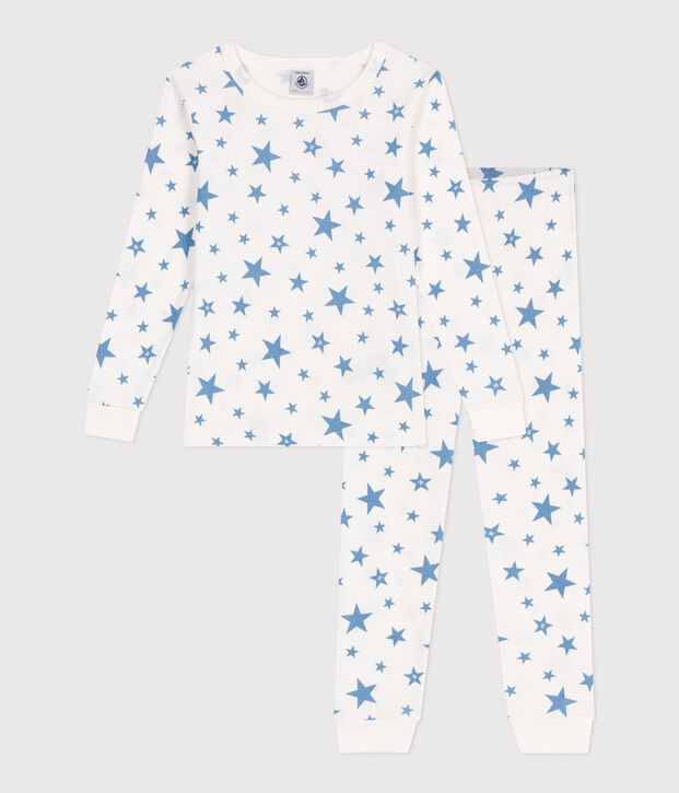 Pyjama tr&egrave;s ajust&eacute; enfant en coton imprim&eacute; blanc/bleu
