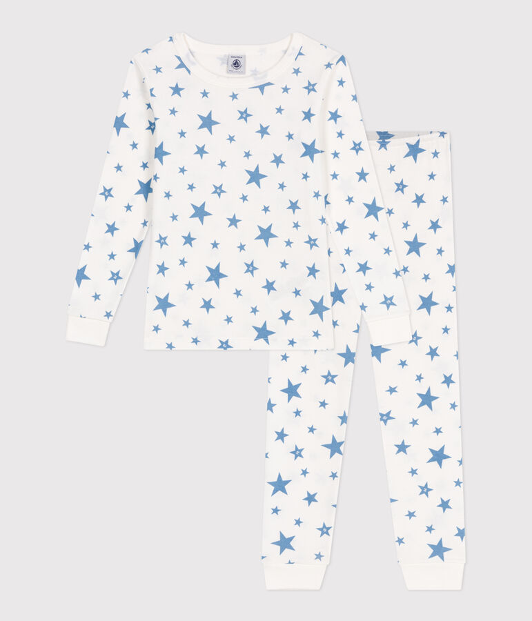 Pyjama tr&egrave;s ajust&eacute; enfant en coton imprim&eacute; blanc MARSHMALLOW/bleu ALASKA