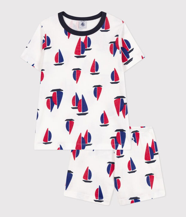 Pyjama short enfant en coton imprim&eacute; bateaux blanc/multicouleur