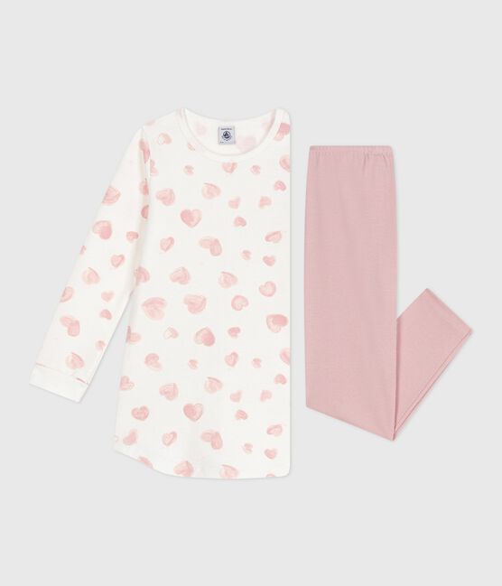 Chemise de nuit et legging enfant en molleton imprimé cœurs rose JOLI/blanc MULTICO