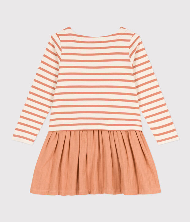 Robe en coton &eacute;pais et gaze de coton enfant fille &eacute;cru/rose