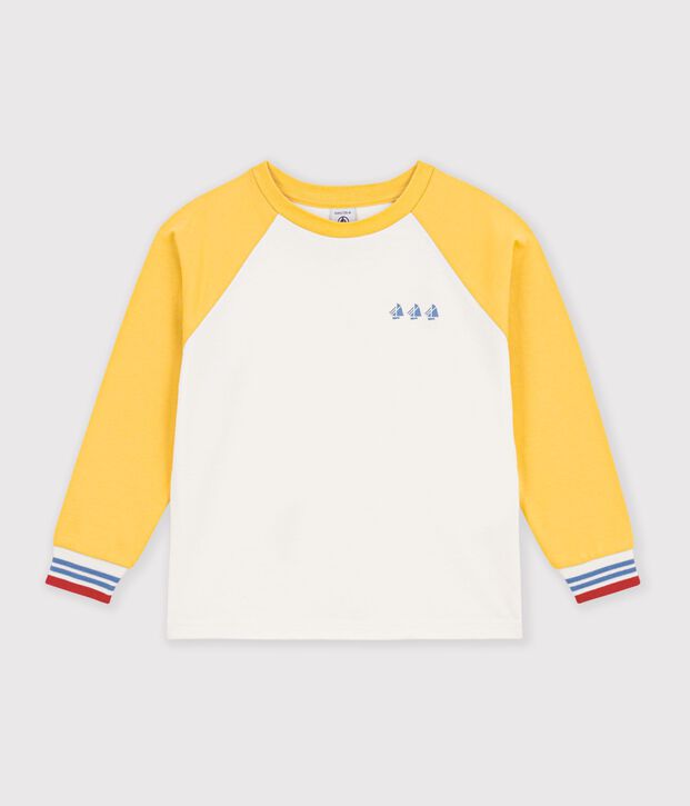 Tee-shirt enfant manches longues en coton colorblock &eacute;cru/multicouleur