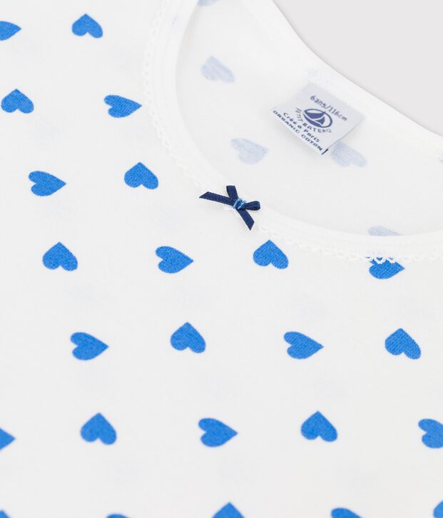 Chemise de nuit manches longues c&oelig;urs bleus petite fille en coton blanc/bleu