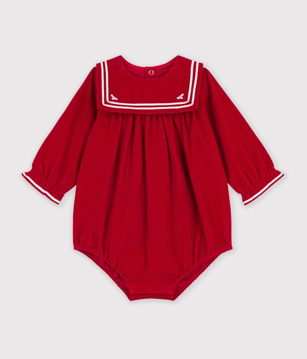 Combinaison courte b&eacute;b&eacute; en velours uni &agrave; col rouge