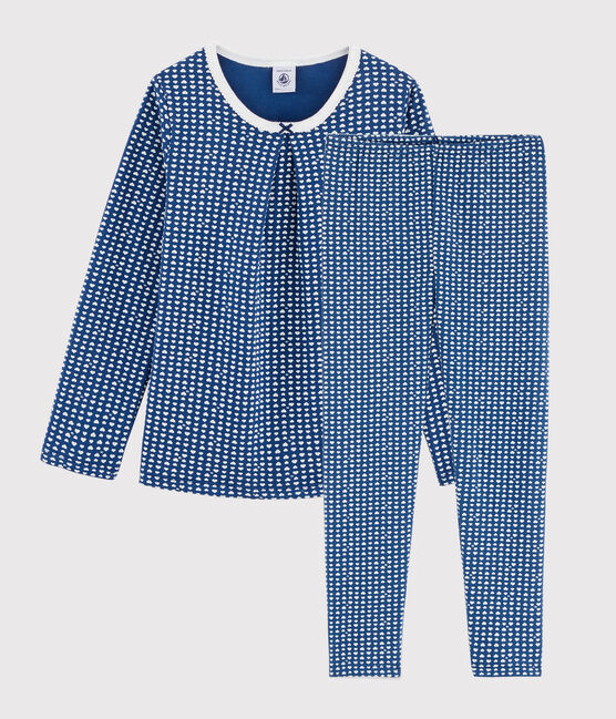 Pyjama imprimé cœurs petite fille en tubique bleu MAJOR/blanc MARSHMALLOW