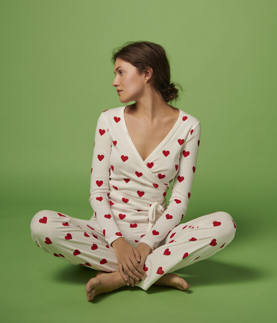 Cardigan cache-cœur en coton Femme blanc MARSHMALLOW/rouge TERKUIT