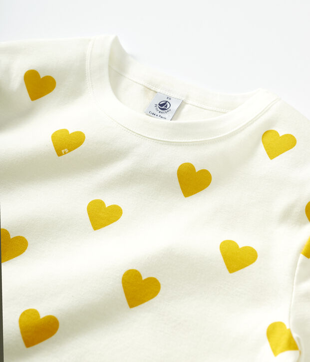 T-shirt col rond &agrave; coeurs en coton  Femme blanc/jaune