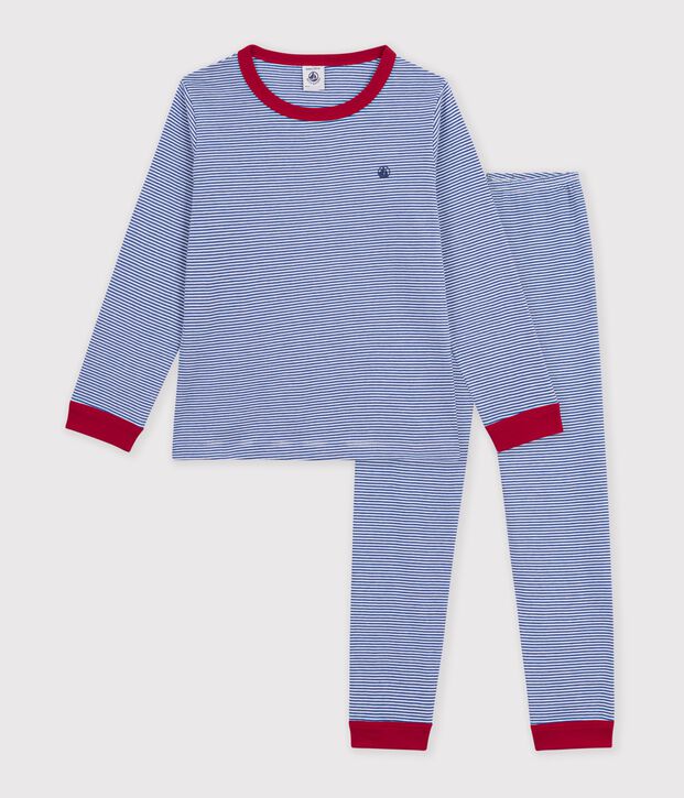 Pyjama enfant en coton &agrave; rayures bleu/blanc