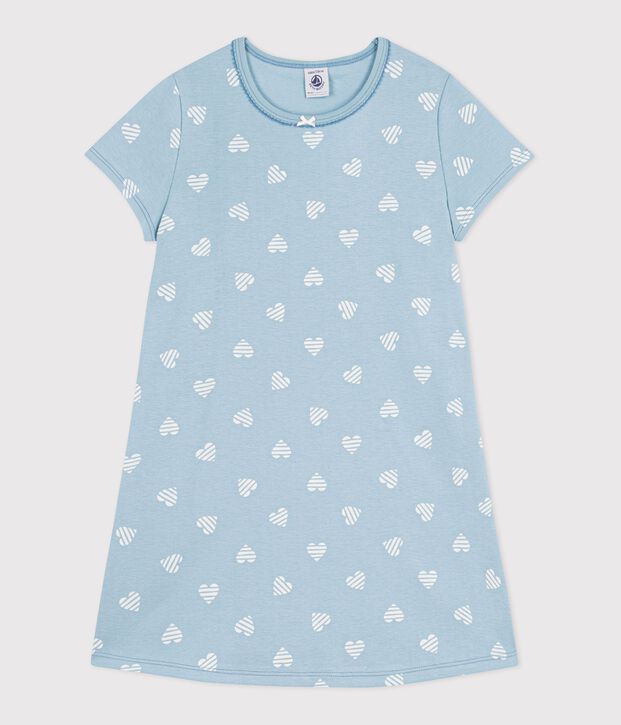 Chemise de nuit enfant en coton manches courtes imprim&eacute; c&oelig;urs vert/blanc