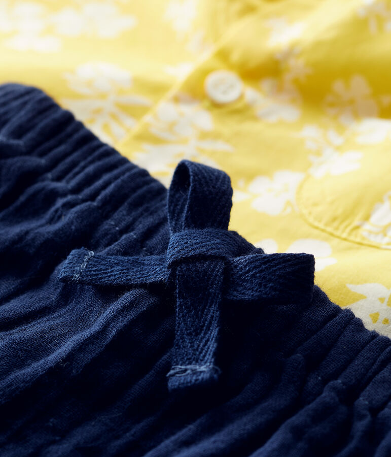 Ensemble deux pi&egrave;ces imprim&eacute; Hawa&iuml; en popeline bio b&eacute;b&eacute; jaune ORGE/blanc MARSHMALLOW