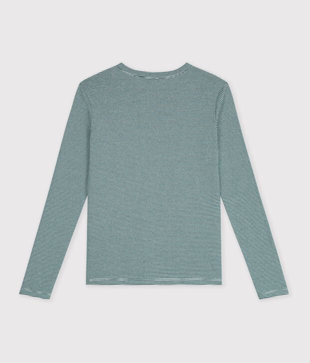 Tee-shirt femme en coton manches longues &agrave; rayures vert/blanc