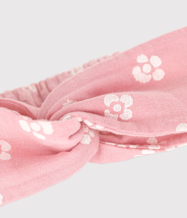 Bandeau enfant en gaze de coton imprim&eacute; fleurs rose/blanc
