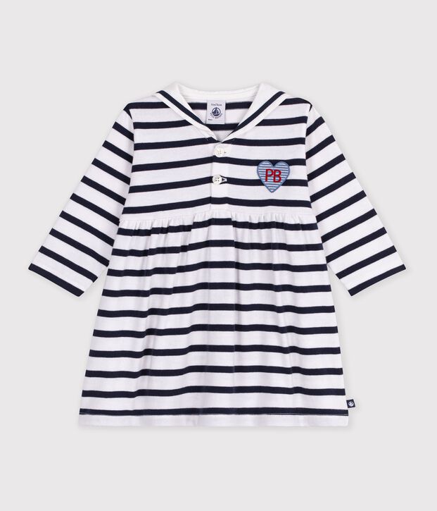 Robe b&eacute;b&eacute; en coton manches longues &agrave; rayures marini&egrave;re blanc/bleu