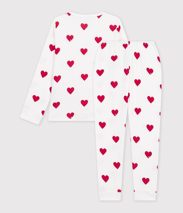 Pyjama enfant en coton mixte imprim&eacute; c&oelig;urs blanc/rouge