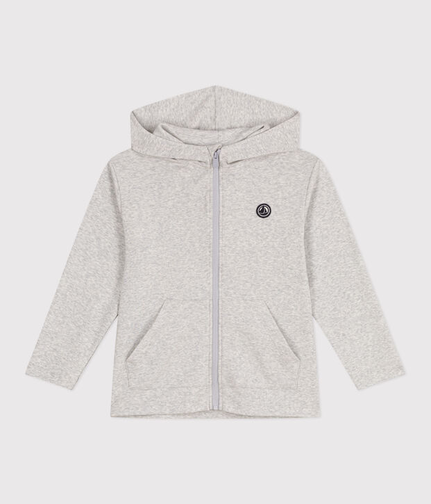 Sweatshirt zipp&eacute; &agrave; capuche enfant en coton uni gris chin&eacute; clair