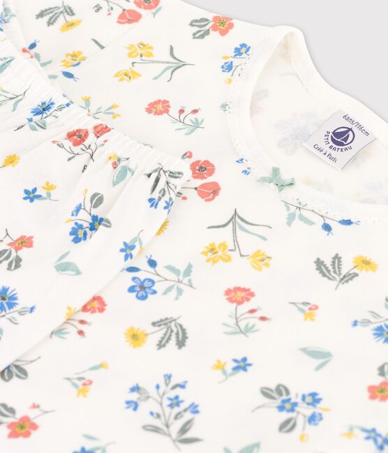Pyjama manches courtes fleurs petite fille en coton blanc MARSHMALLOW/blanc MULTICO