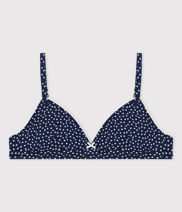 Soutien-gorge padd&eacute; pois fille en coton et &eacute;lasthanne bleu/blanc