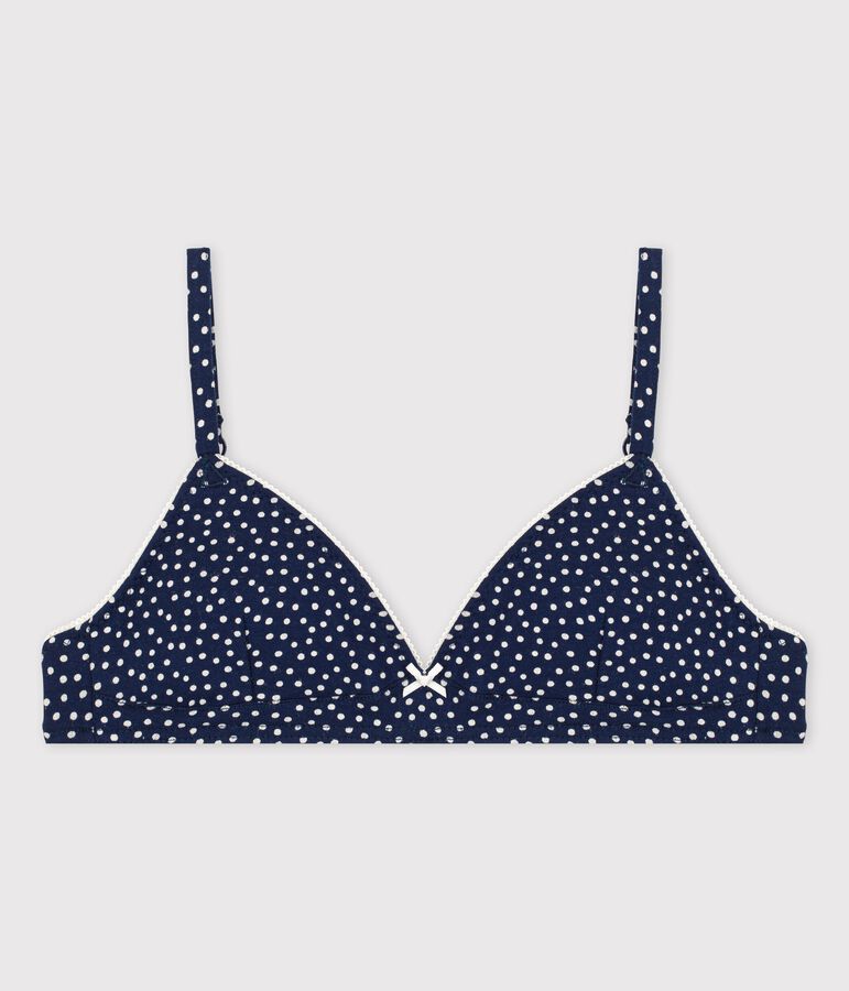 Soutien-gorge padd&eacute; pois fille en coton et &eacute;lasthanne bleu/blanc
