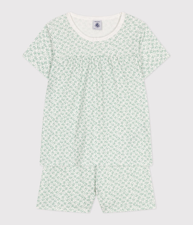 Pyjama short enfant en coton imprim&eacute; fleuri blanc/vert