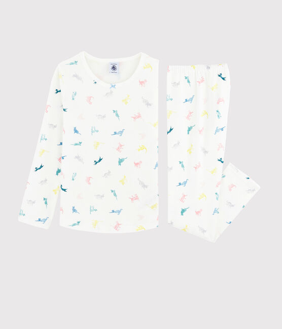 Pyjama imprimé chats petite fille en coton blanc MARSHMALLOW/blanc MULTICO