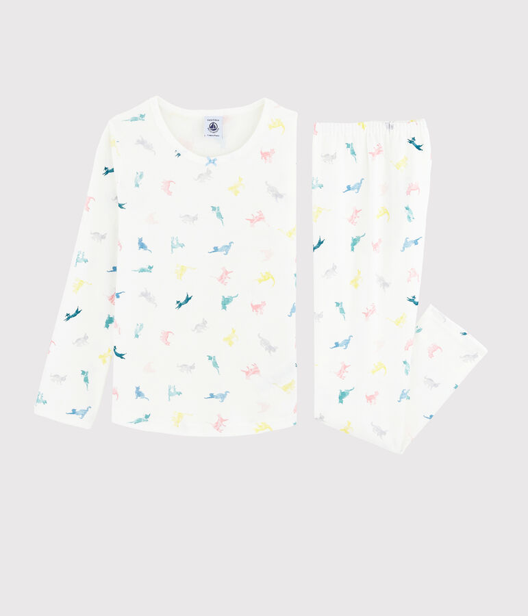 Pyjama imprim&eacute; chats petite fille en coton blanc/multicouleur