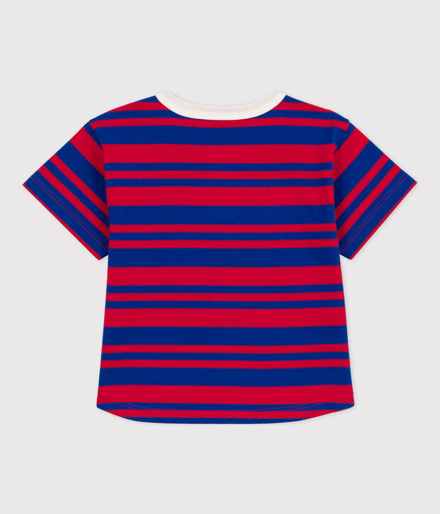 Tee-shirt ray&eacute; en coton enfant fille bleu/rouge