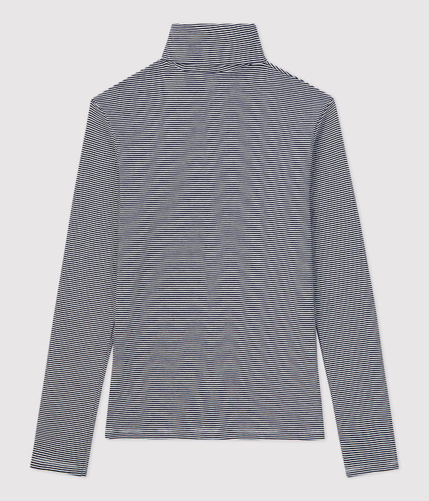 Tee-shirt col roul&eacute; L'ICONIQUE en coton BIO Femme bleu/blanc