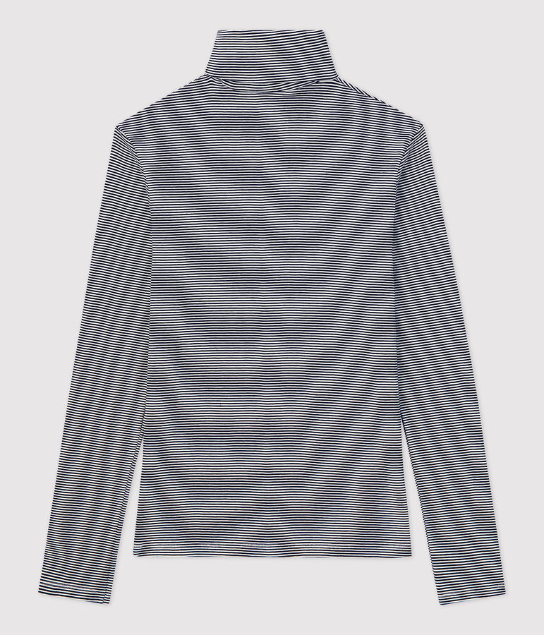 Tee-shirt col roul&eacute; L'ICONIQUE en coton BIO Femme bleu SMOKING/blanc MARSHMALLOW