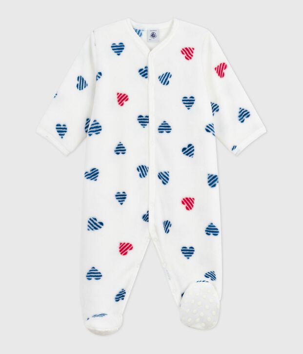 Surpyjama hiver b&eacute;b&eacute; en polaire imprim&eacute; c&oelig;urs blanc/multicouleur