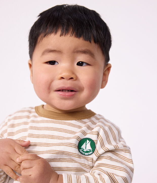 Tee-shirt b&eacute;b&eacute; en coton manches longues &agrave; rayures beige/&eacute;cru