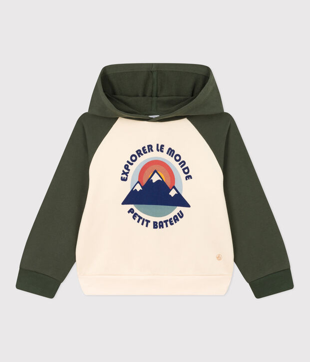 Sweatshirt &agrave; capuche enfant gar&ccedil;on &eacute;cru/vert