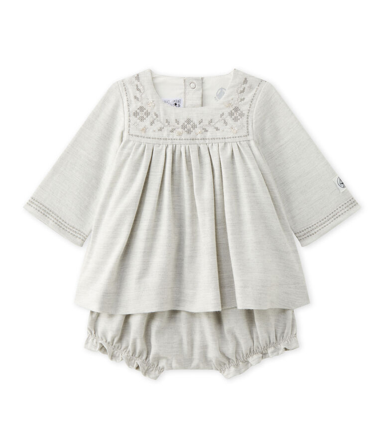 Robe b&eacute;b&eacute; fille en twill brod&eacute; et bloomer gris