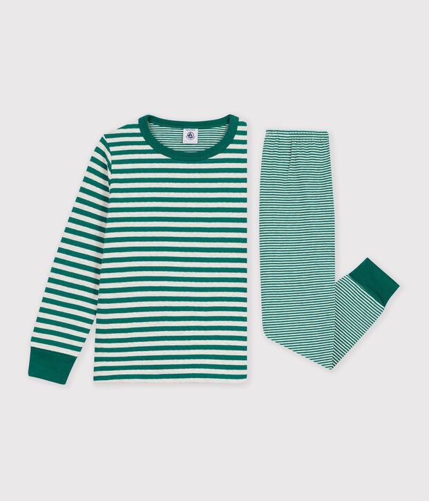 Pyjama enfant en tubique &agrave; rayures vert/beige