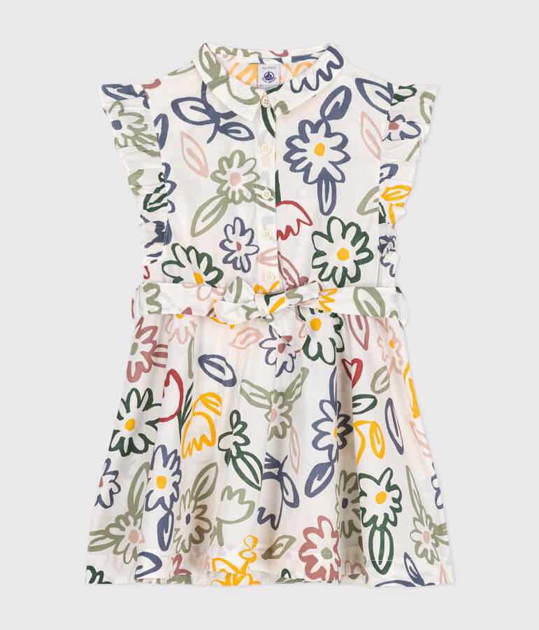 Robe imprim&eacute;e sans manche en popeline enfant fille blanc MARSHMALLOW/blanc MULTICO
