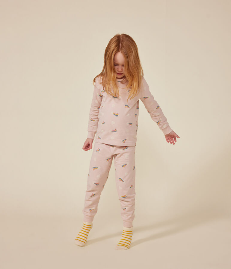 Pyjama en molleton gratt&eacute; imprim&eacute; &eacute;toiles et c&oelig;urs enfant rose SALINE/blanc MULTICO