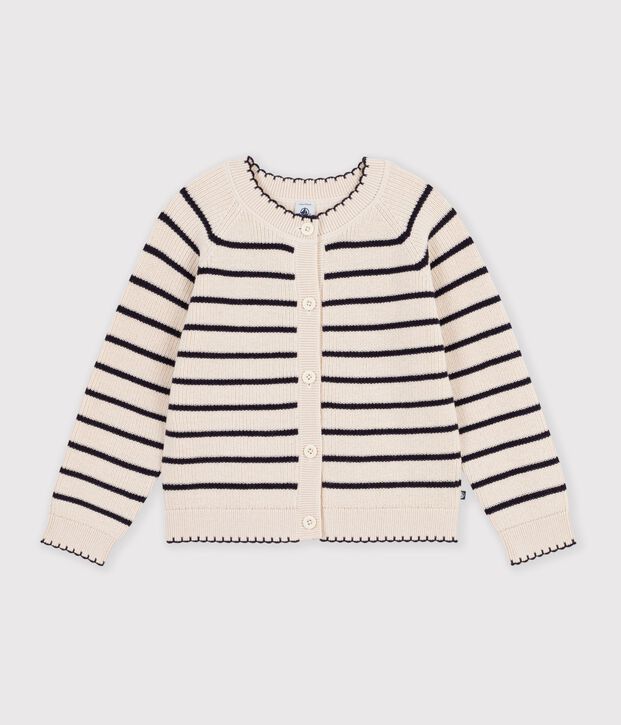 Cardigan enfant en laine et coton &agrave; rayures &eacute;cru/bleu