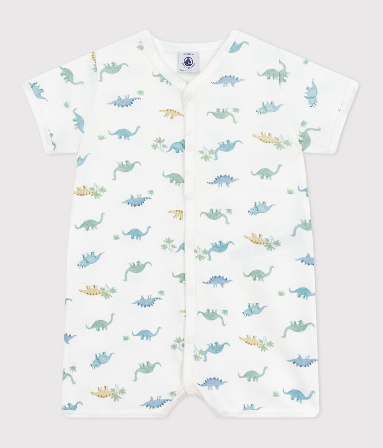 Combinaison courte b&eacute;b&eacute; en coton dinosaures blanc MARSHMALLOW/blanc MULTICO