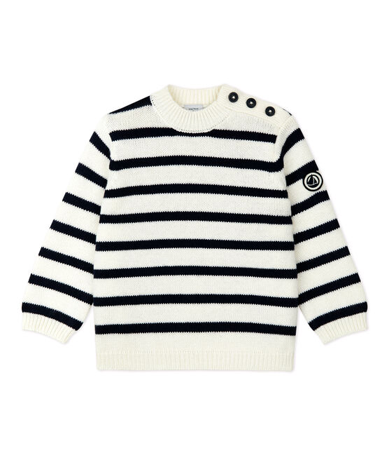 Pull en laine et coton bébé. blanc MARSHMALLOW/bleu SMOKING