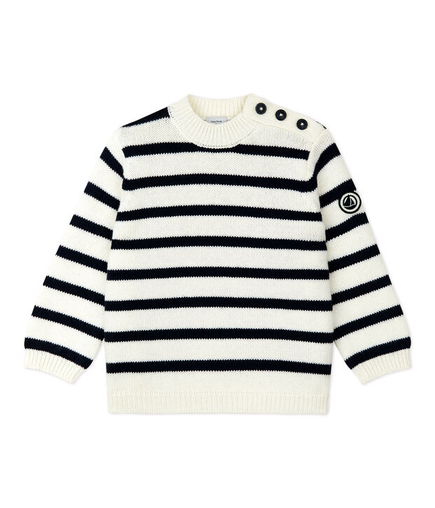 Pull en laine et coton b&eacute;b&eacute;. blanc/bleu