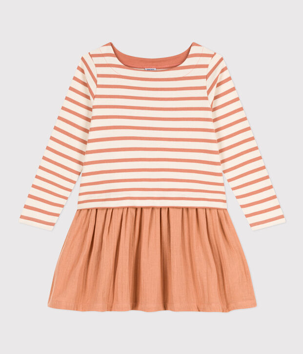 Robe en coton &eacute;pais et gaze de coton enfant fille &eacute;cru/rose