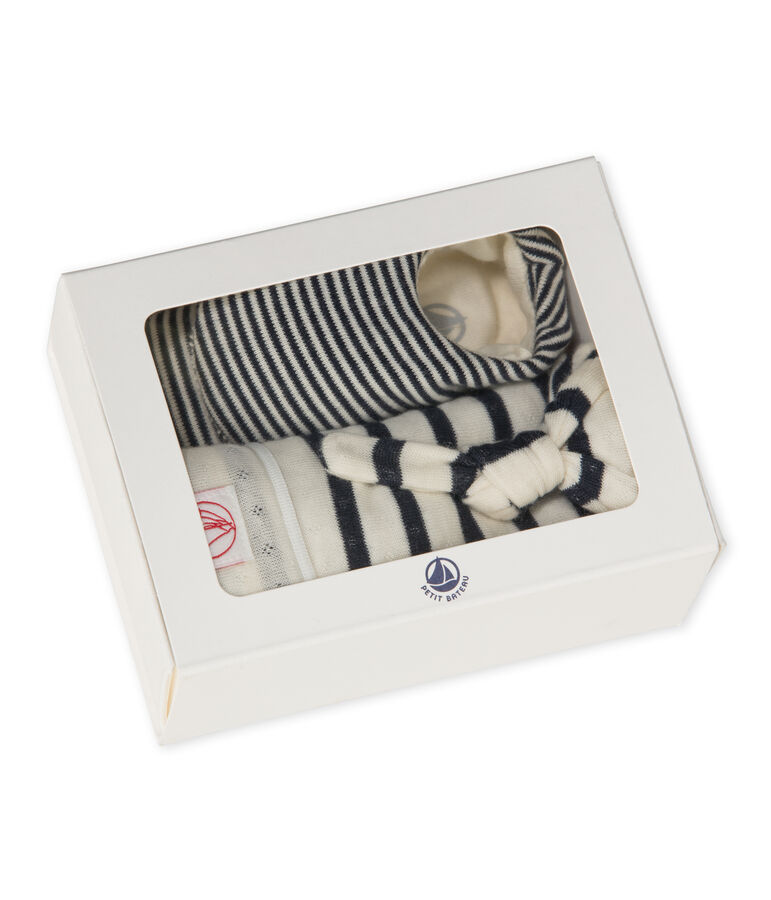 Ensemble bonnet de naissance et chaussons b&eacute;b&eacute; blanc/bleu