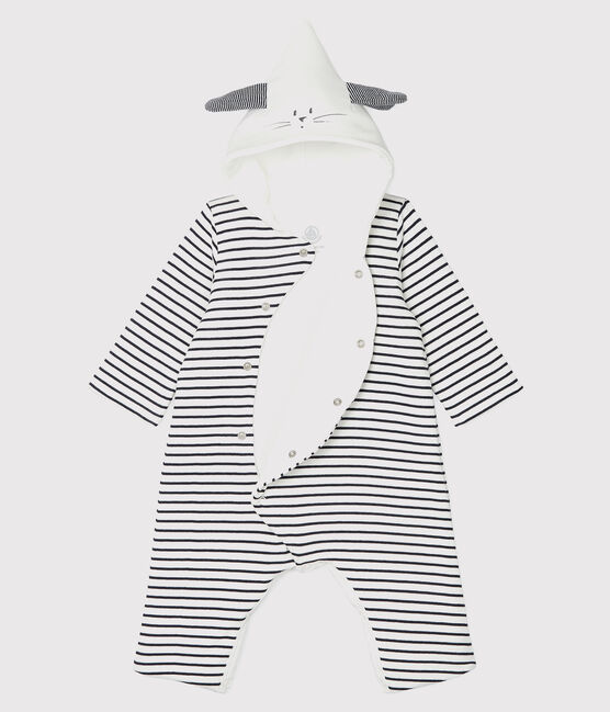 Combinaison longue rayée à capuche bébé en coton biologique blanc MARSHMALLOW/bleu SMOKING