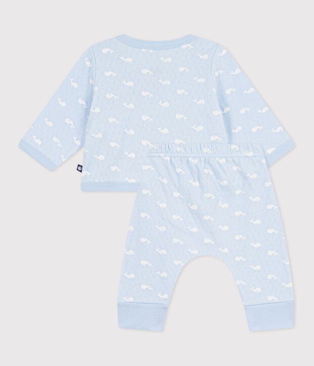 Ensemble long 2 pi&egrave;ces b&eacute;b&eacute; en coton, imprim&eacute;s baleines bleu/&eacute;cru