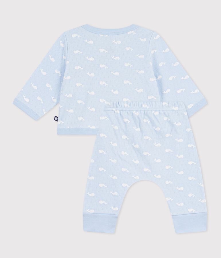 Ensemble long 2 pi&egrave;ces b&eacute;b&eacute; en coton, imprim&eacute;s baleines bleu TOUDOU/ MILK